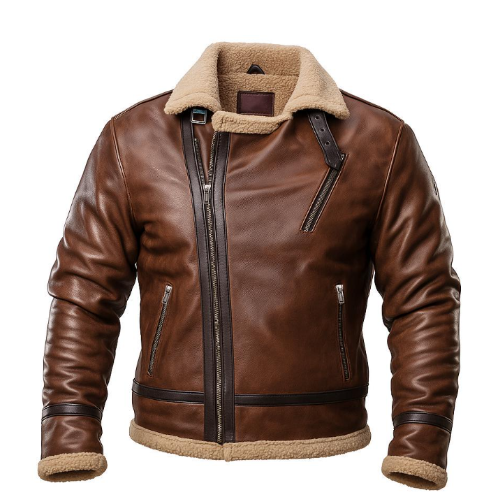 A brown leather aviator-style jacket with a tan fleece collar, lining, and hem, featuring a front zipper, diagonal chest zipper, and zippered hand pockets.