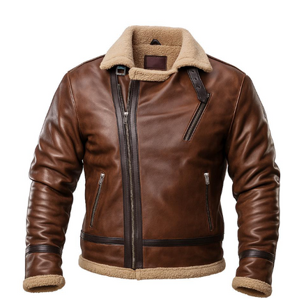 A brown leather aviator-style jacket with a tan fleece collar, lining, and hem, featuring a front zipper, diagonal chest zipper, and zippered hand pockets.