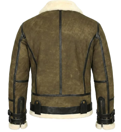 The back view of an olive brown shearling aviator jacket with black leather trim and a cream-colored shearling lining.