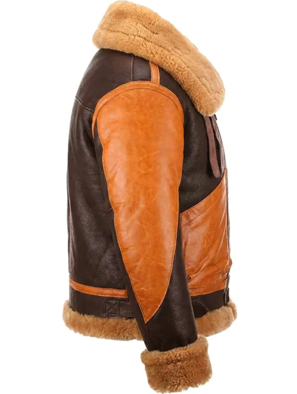 A brown leather aviator jacket with tan shearling lining on the hood, cuffs, and hem, shown from a side profile view against a white background.