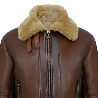 Brown leather aviator jacket with a thick tan shearling-style collar, front zipper, and zippered side pockets on a white background.