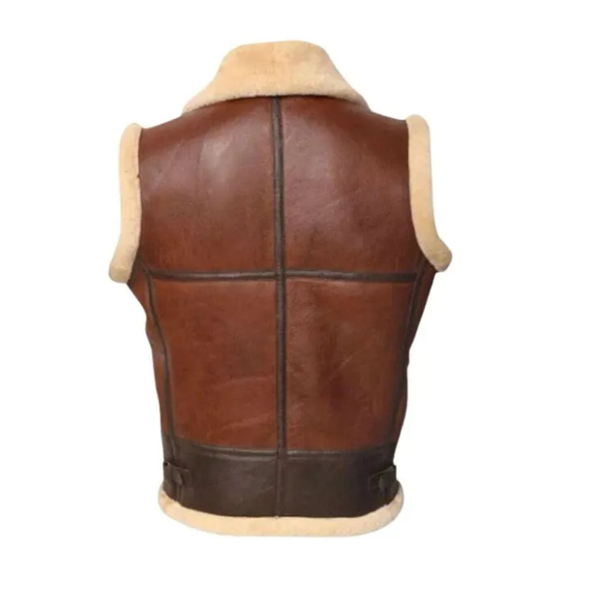 Brown leather aviator-style vest with beige shearling lining, shown from the back on a white background.