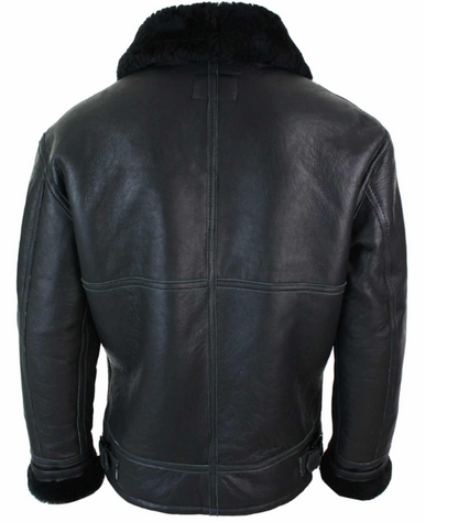 Black leather aviator jacket with a black faux-fur collar, shown from the back on a white background.