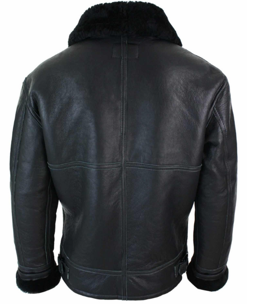 Black leather aviator jacket with a black faux-fur collar, shown from the back on a white background.