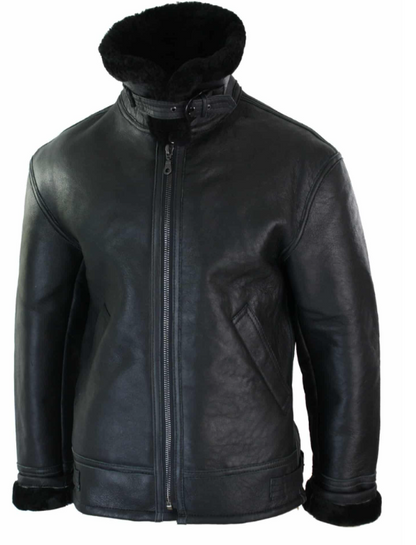 Black leather aviator jacket with a high collar and black faux fur lining, shown on a plain white background.