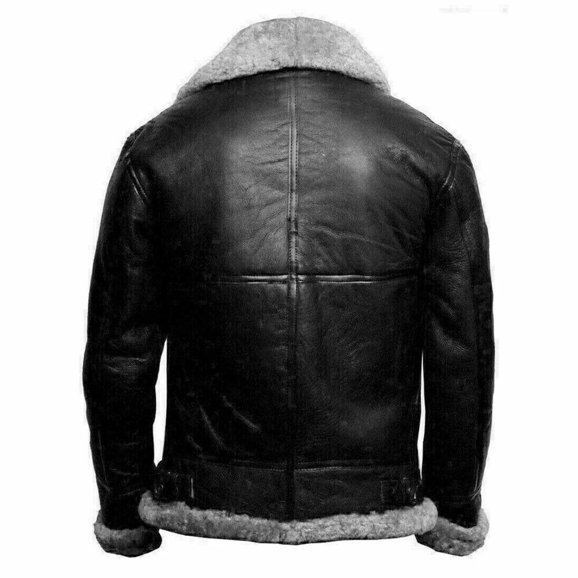Black leather aviator jacket with a light gray shearling lining, shown from the back on a white background.