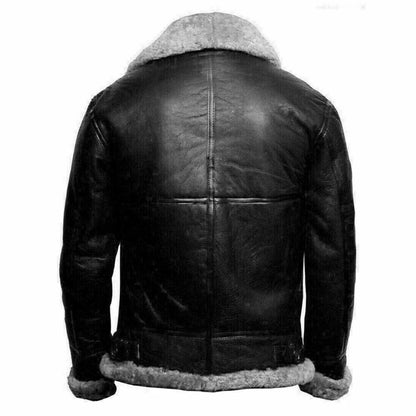 Black leather aviator jacket with a light gray shearling lining, shown from the back on a white background.