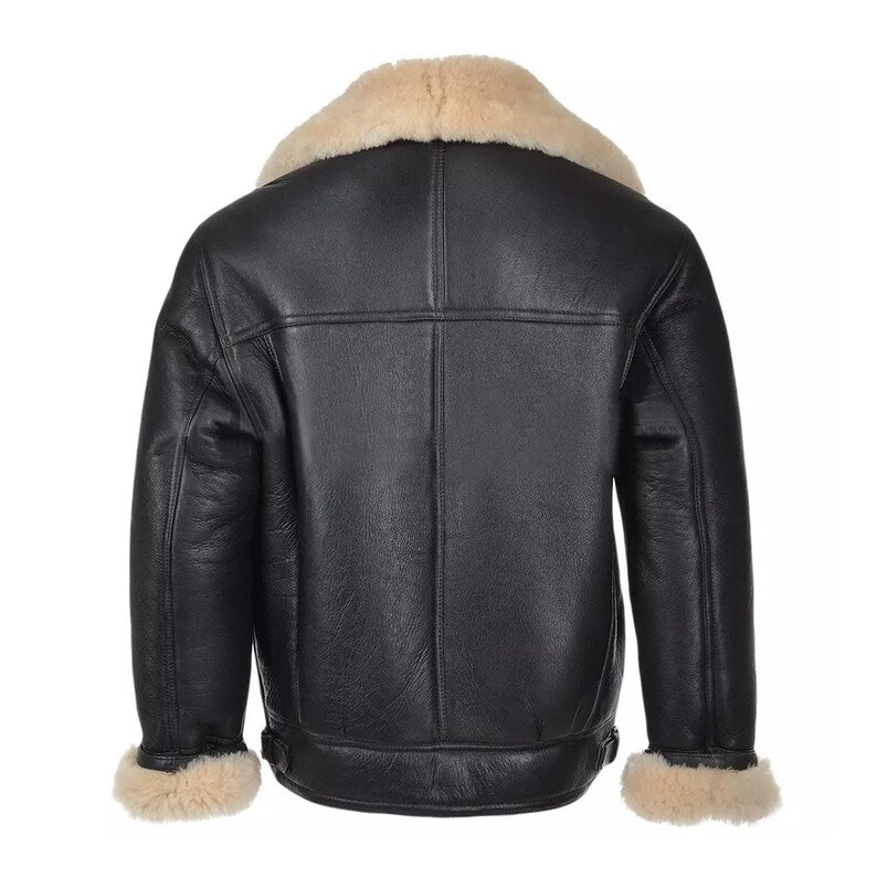 Black leather aviator jacket with beige shearling lining on the collar and cuffs, shown from the back on a white background.