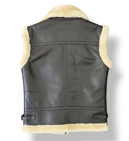 Black leather motorcycle vest with cream shearling lining, shown from the back on a white background.
