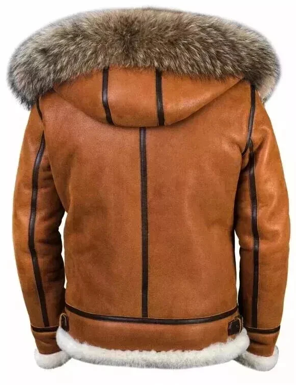 Brown leather hooded jacket with a thick gray and white fur trim on the hood and hem, shown from the back on a white background.