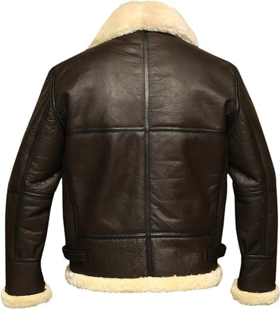 Brown leather jacket with white fur lining on a white background