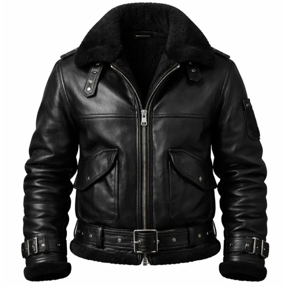 A black leather aviator-style jacket with a plush black faux-shearling collar, front zipper, flap pockets, and matching faux-shearling lining at the cuffs and hem, shown on a plain white background.