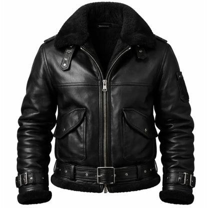 A black leather aviator-style jacket with a plush black faux-shearling collar, front zipper, flap pockets, and matching faux-shearling lining at the cuffs and hem, shown on a plain white background.