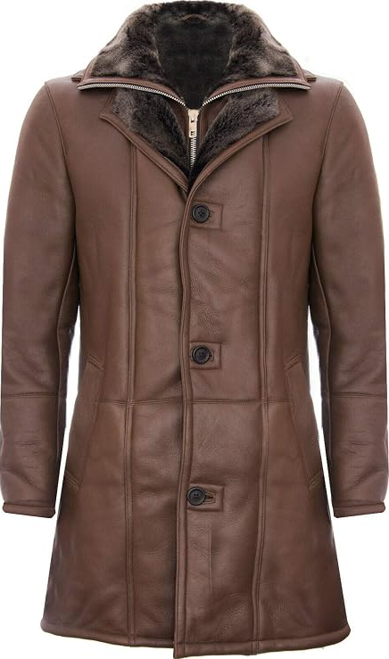 A brown faux-leather coat with a plush dark brown faux-fur collar, featuring a three-button front closure and a stand collar, shown against a plain white background.