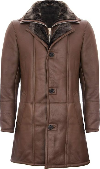 A brown faux-leather coat with a plush dark brown faux-fur collar, featuring a three-button front closure and a stand collar, shown against a plain white background.