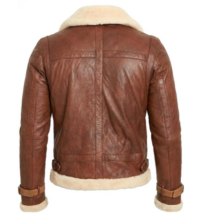 A brown leather aviator jacket with a cream-colored shearling lining, shown from the back against a plain white background.