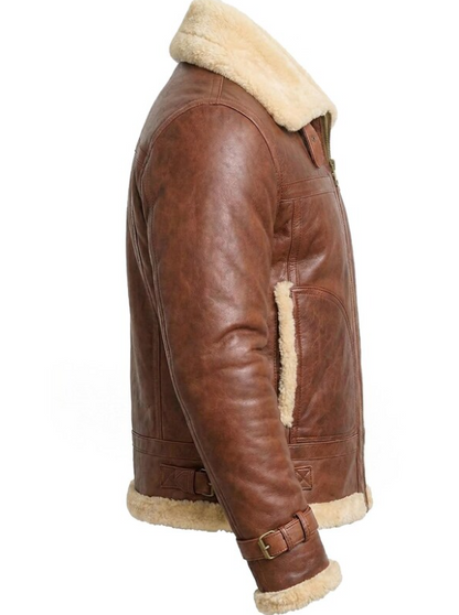 A brown leather aviator jacket with a thick cream-colored shearling lining, shown from a side profile view against a plain white background.