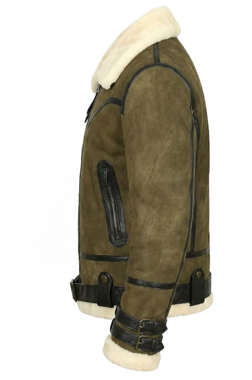 Side view of an olive brown shearling aviator jacket with black leather trim and straps, featuring a cream-colored shearling lining.