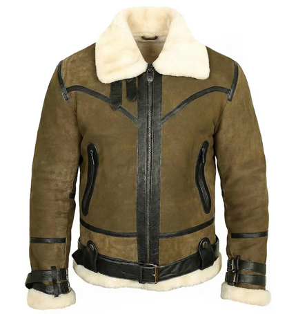 A brown suede aviator-style jacket with a thick cream shearling collar, black leather trim, a front zipper, and a matching shearling-lined belt and cuffs, shown on a plain white background.