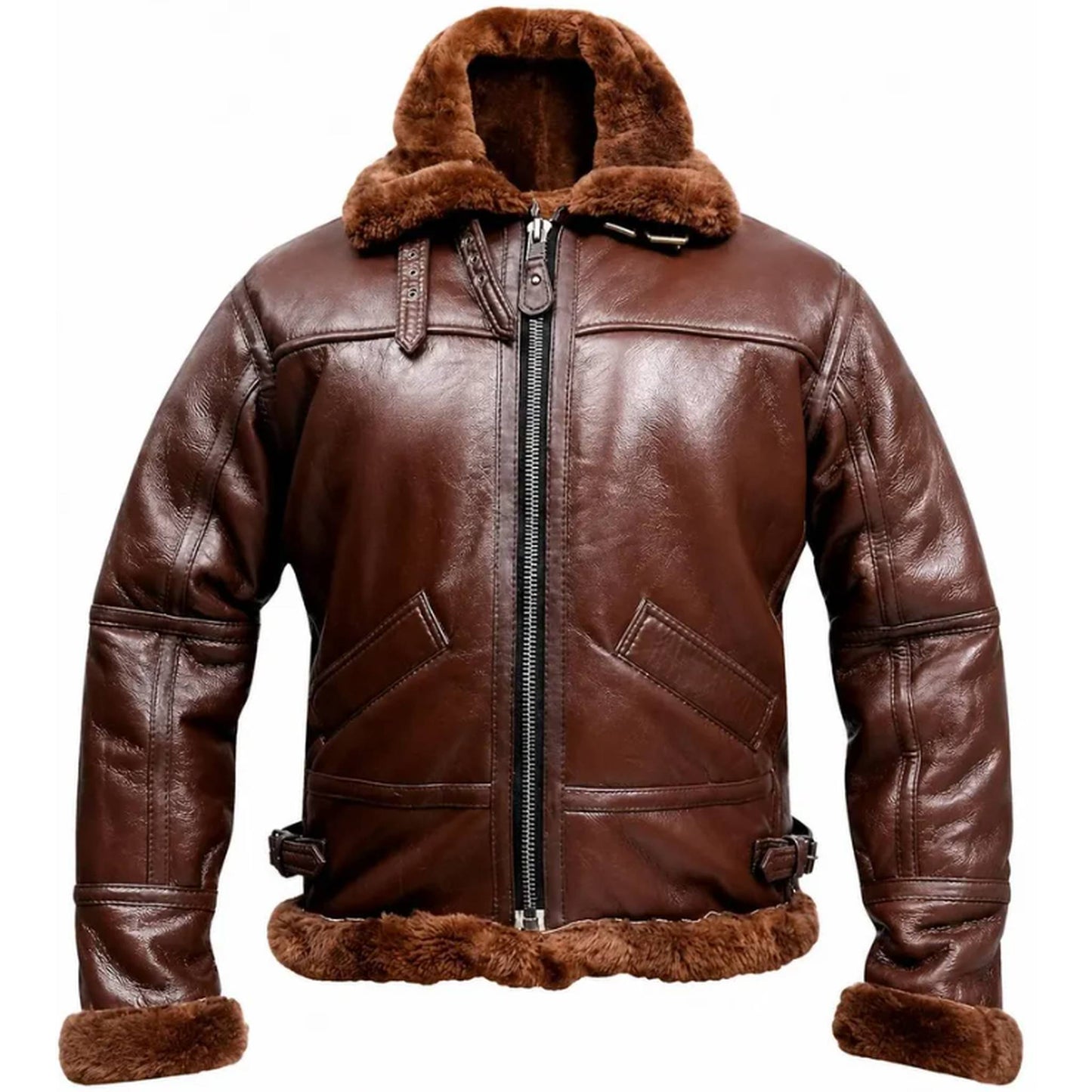 A brown leather aviator-style jacket with a brown faux-fur collar, hem, and cuffs, shown on a plain white background.