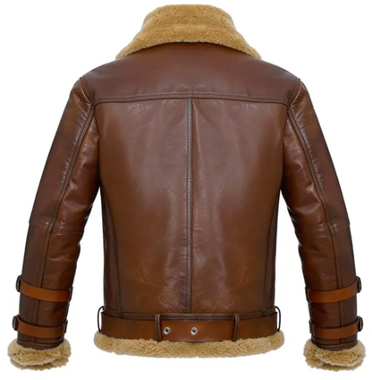 Brown leather aviator jacket with a tan shearling lining, shown from the back on a white background.