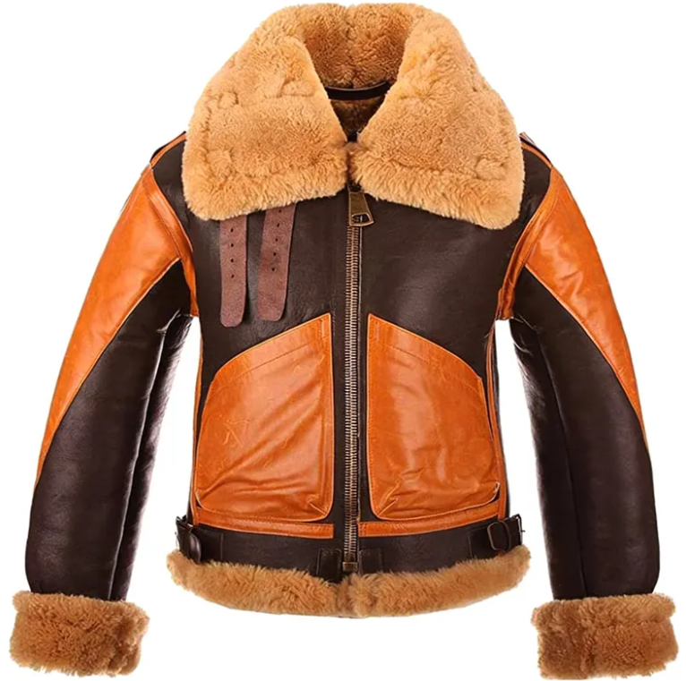 A women's aviator-style jacket made of brown leather with a warm tan/caramel contrast, featuring a large tan shearling-style collar, matching collar trim, zip front, belt, and ribbed cuffs with shearling lining, shown on a plain white background.