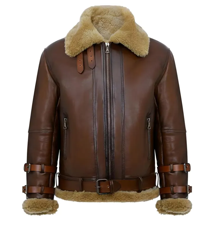 A brown leather aviator-style jacket with a tan shearling-style collar, matching collar lining, zippered front and pockets, and a brown belt with matching leather bungee straps on the sleeves, shown on a plain white background.