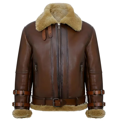 A brown leather aviator-style jacket with a tan shearling-style collar, matching collar lining, zippered front and pockets, and a brown belt with matching leather bungee straps on the sleeves, shown on a plain white background.