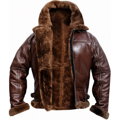 A brown leather aviator-style jacket with a plush brown faux-fur lining on the hood, collar, front opening, and cuffs, shown against a plain white background.