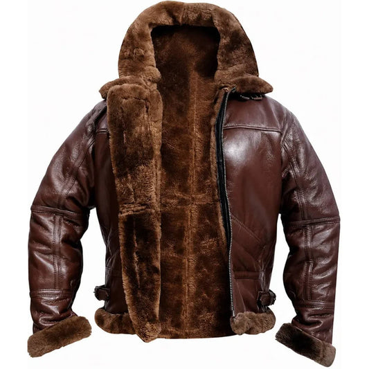 A brown leather aviator-style jacket with a plush brown faux-fur lining on the hood, collar, front opening, and cuffs, shown against a plain white background.