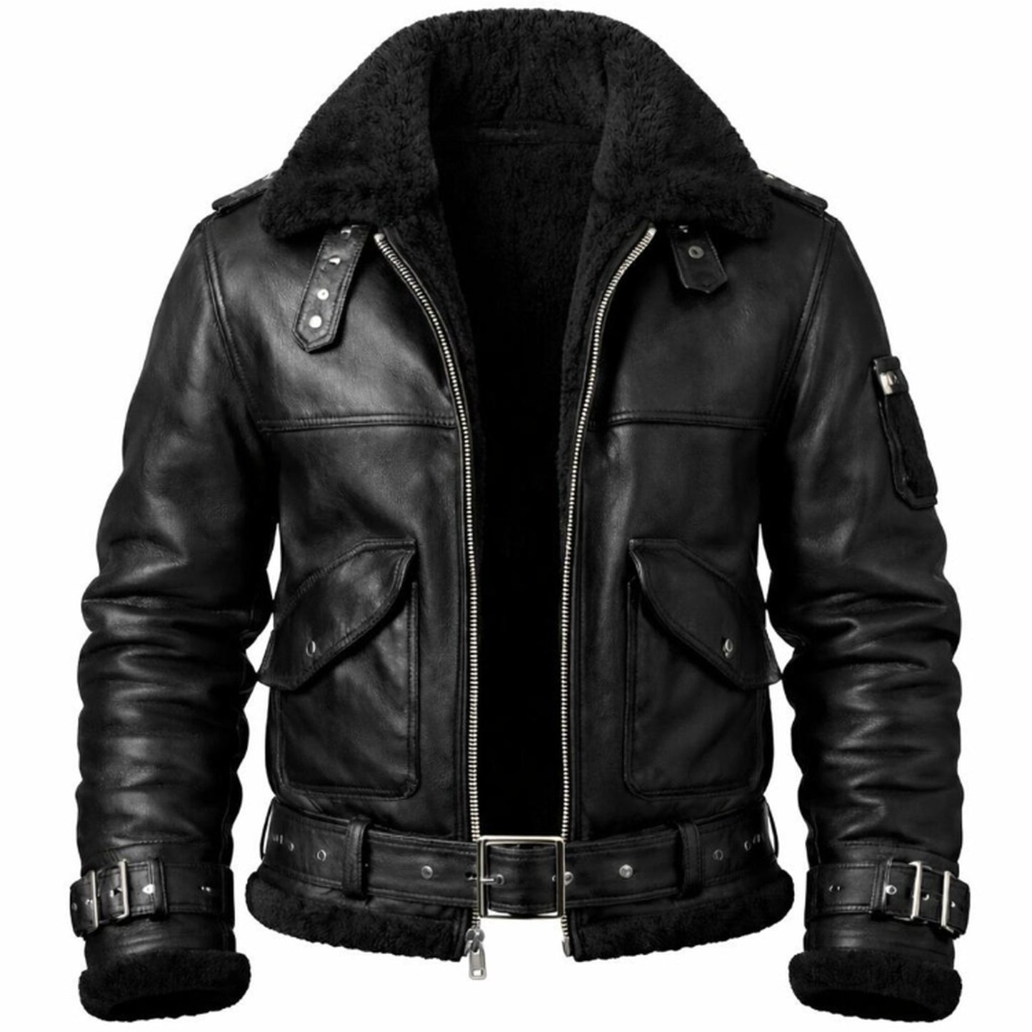 A black leather aviator-style jacket with a thick black shearling collar, front zipper, flap pockets, and adjustable cuffs, shown on a plain white background.