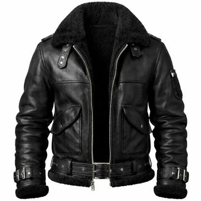 A black leather aviator-style jacket with a thick black shearling collar, front zipper, flap pockets, and adjustable cuffs, shown on a plain white background.