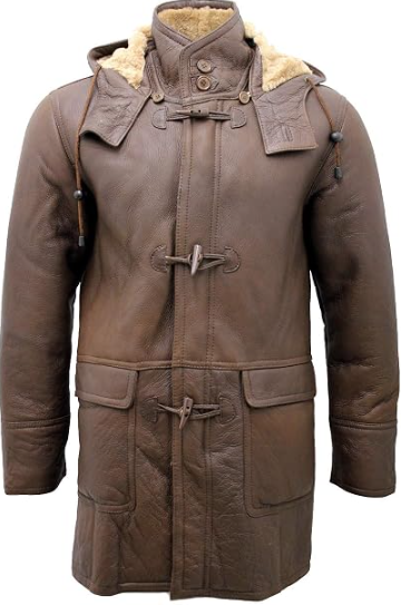 A brown leather hooded duffle coat with a beige shearling lining, featuring toggle closures and front flap pockets.