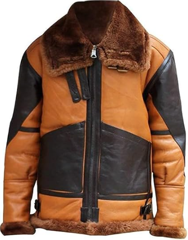 A brown and black color-blocked leather aviator jacket with a brown faux-shearling collar, lining, and cuffs, shown against a plain white background.