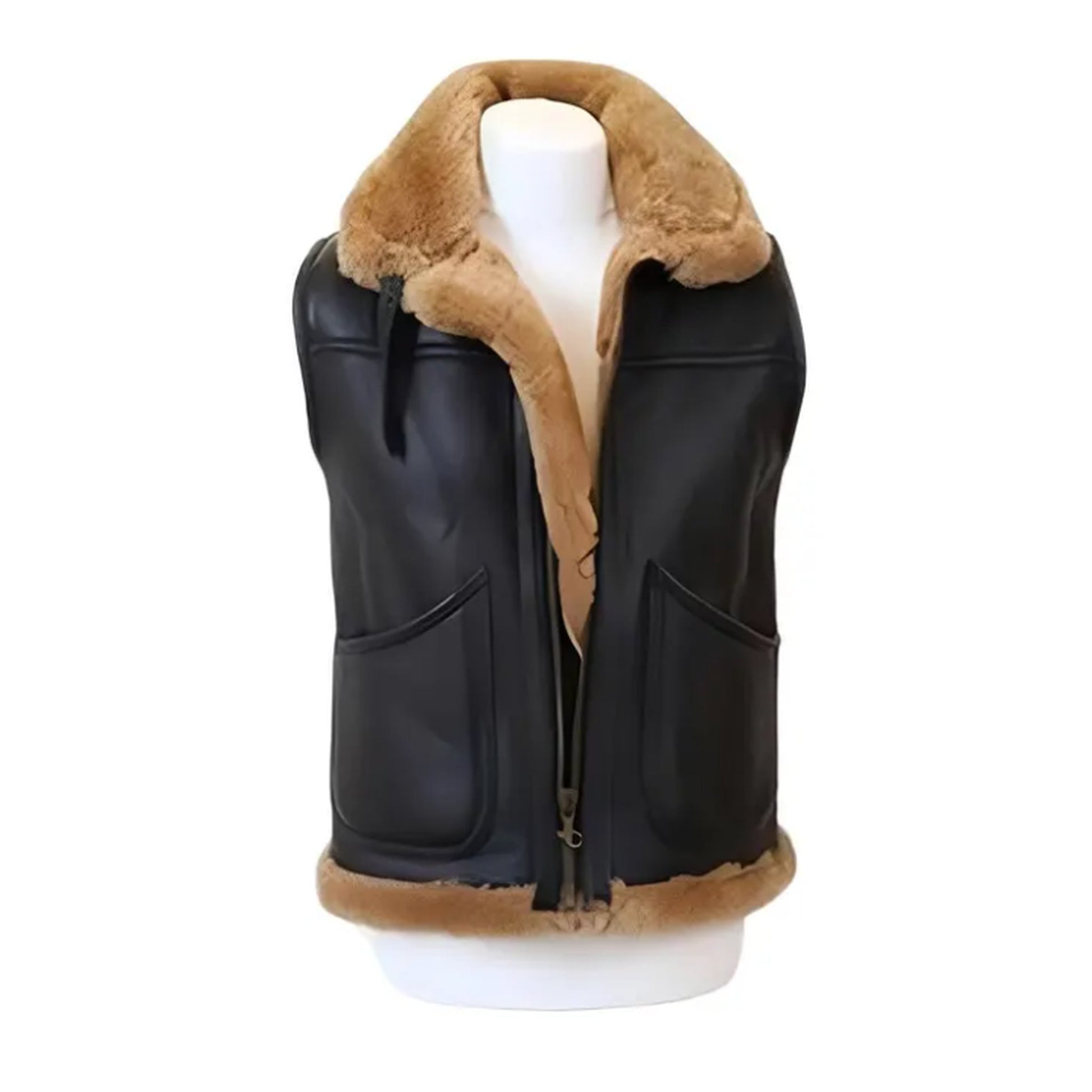 A black faux-leather aviator vest with a tan shearling-style collar and lining, displayed on a white mannequin torso against a plain white background.