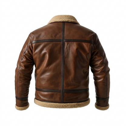 A brown leather aviator-style jacket with a beige sherpa lining, shown from the back on a white background.