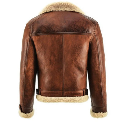 A brown leather aviator jacket with a cream-colored shearling lining, shown from the back against a plain white background.