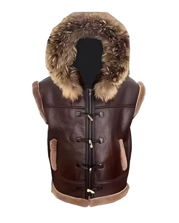 A dark brown leather sleeveless vest with a thick brown and beige faux fur hood trim, featuring toggle closures on the front and zippered hand pockets.