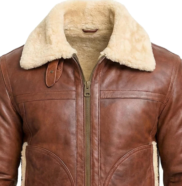 Brown leather aviator jacket with a thick cream shearling collar and lining, featuring a front zipper and zippered pockets.