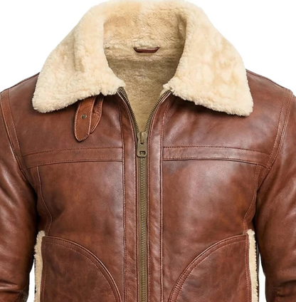Brown leather aviator jacket with a thick cream shearling collar and lining, featuring a front zipper and zippered pockets.