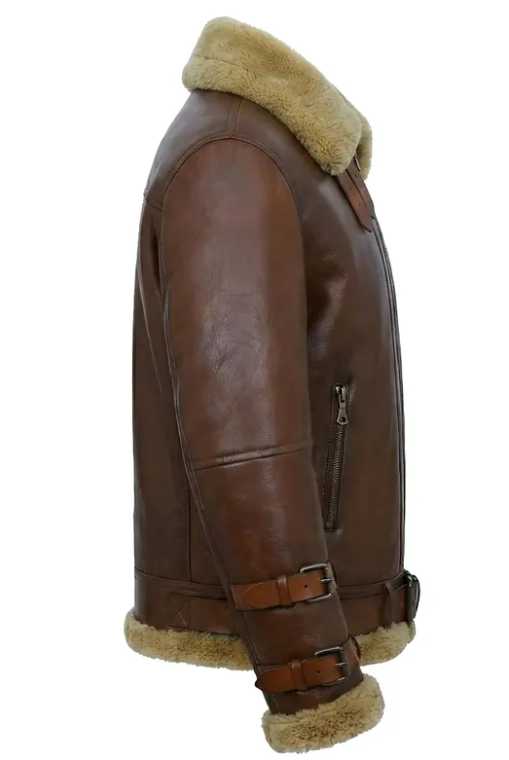 A brown leather aviator-style jacket with a thick beige shearling lining on the collar, cuffs, and hem, shown in a side profile view against a white background.