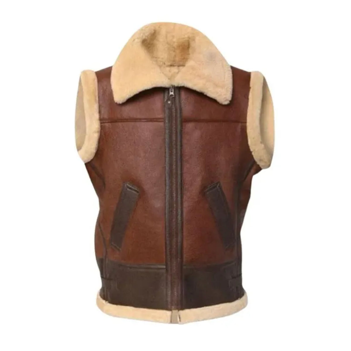 A brown leather aviator-style vest with a beige shearling collar, cuffs, and hem, featuring a front zipper and two vertical welt pockets.
