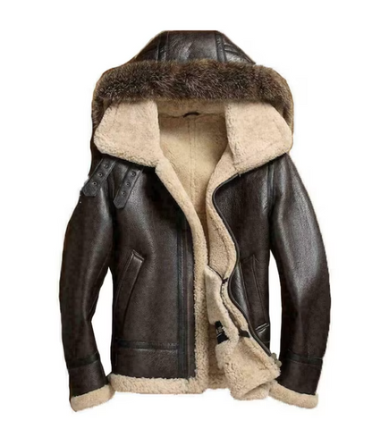 A dark brown faux-leather aviator jacket with a thick beige sherpa lining and a brown faux-fur trimmed hood, displayed on a solid white background.