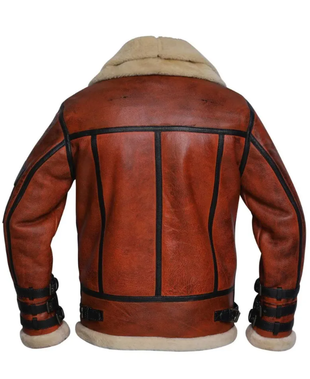 Brown leather aviator jacket with black contrast stitching and a beige shearling lining, shown from the back on a white background.