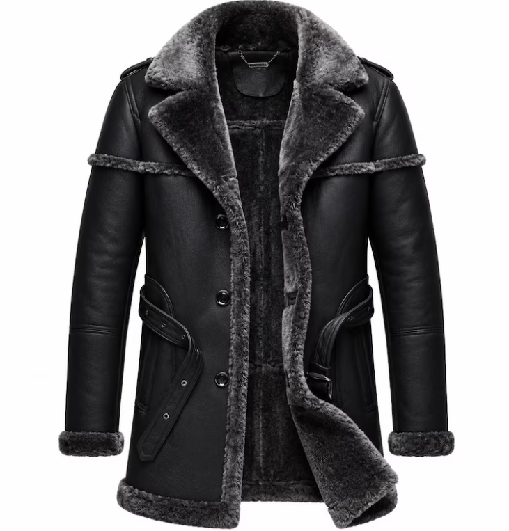 Men's Black Shearling Leather Coat - RAF B3 Aviator Long Sheepskin Trench Jacket