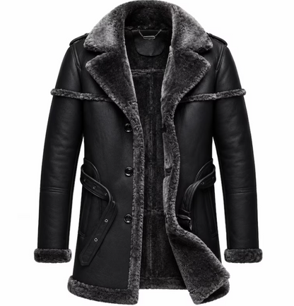 A black faux-leather shearling coat with a plush dark gray faux-fur collar, cuffs, and hem, shown on a plain white background.