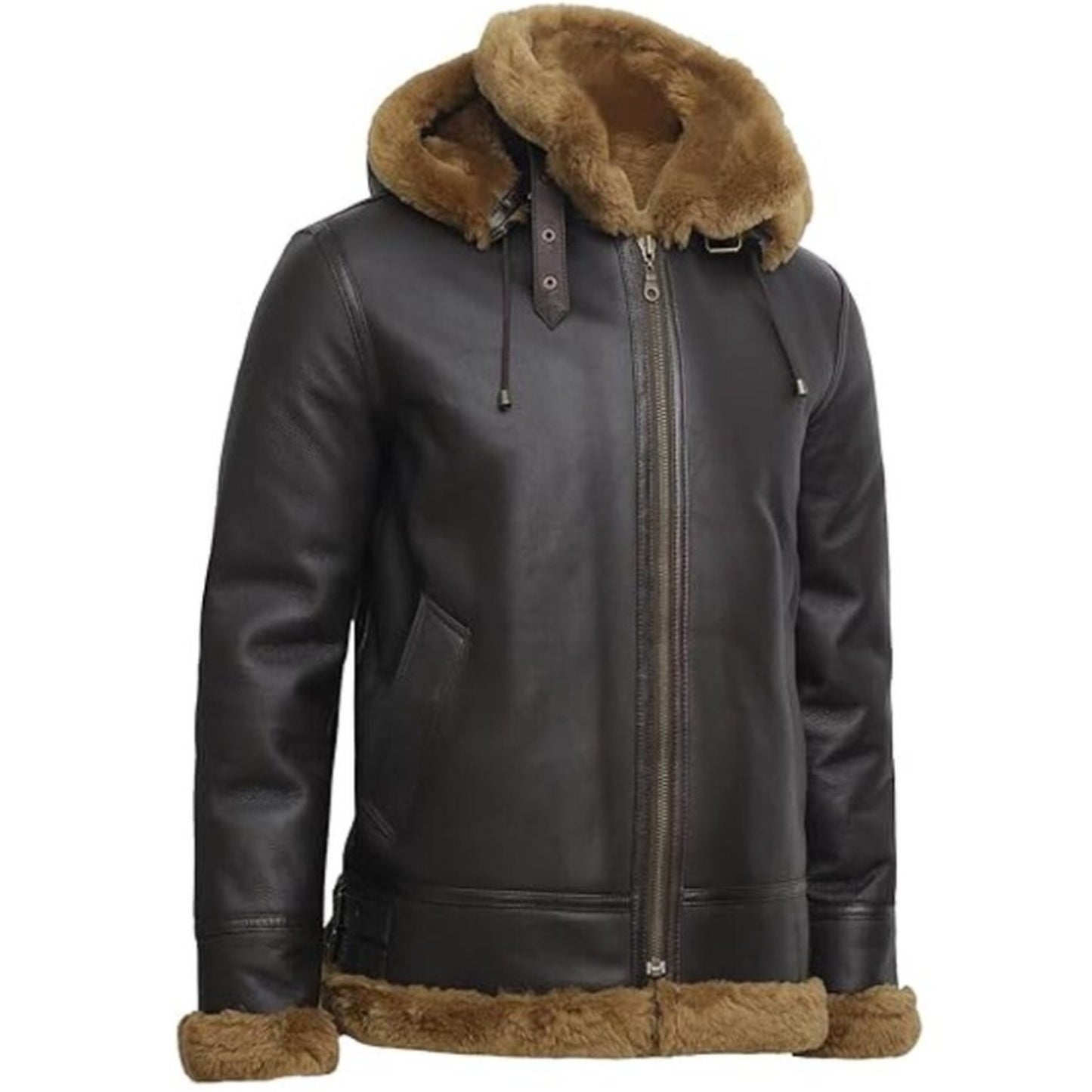 A dark brown leather aviator-style jacket with a brown faux-fur lined hood, collar, cuffs, and hem, shown on a plain white background.