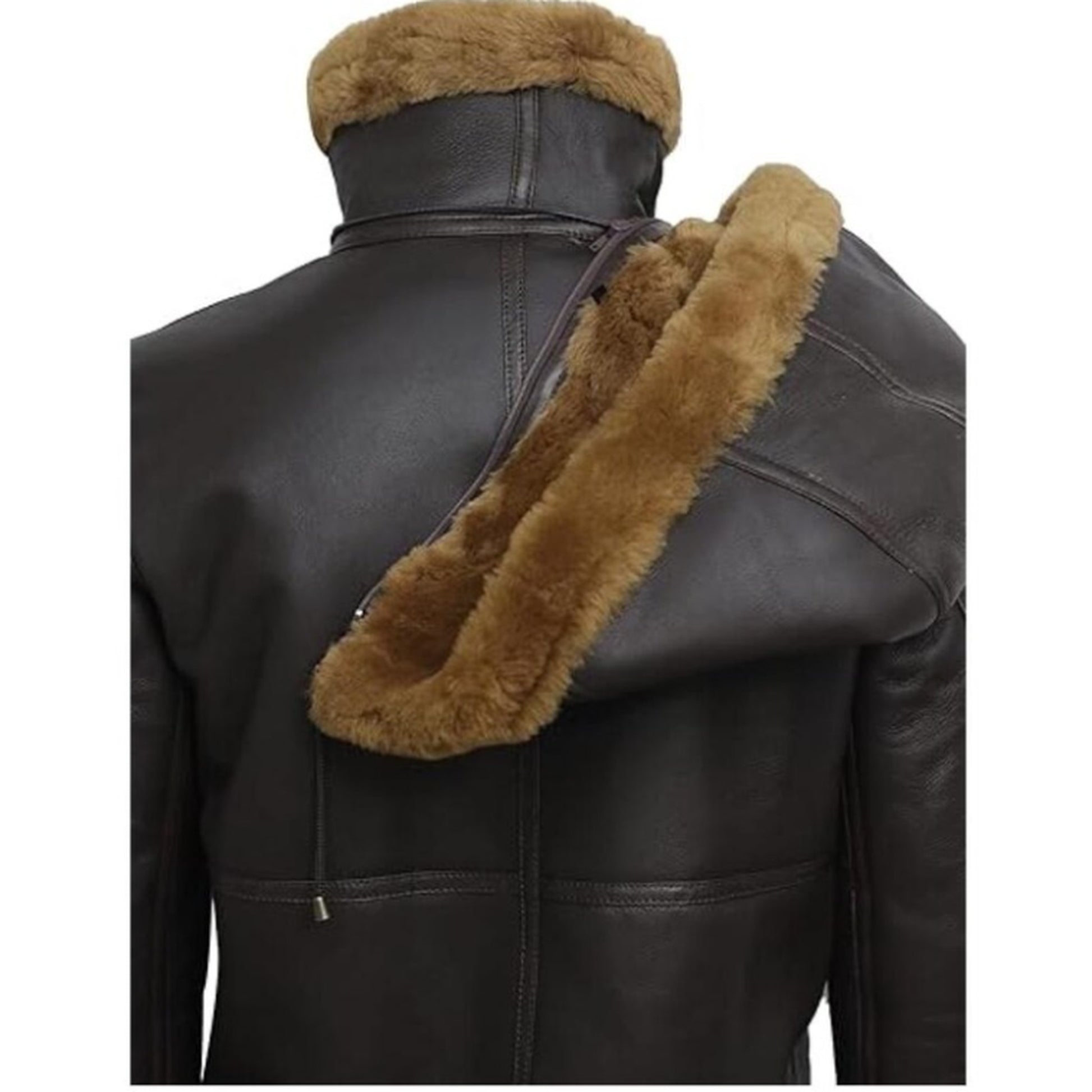 A close-up back view of a dark brown leather aviator-style jacket with a thick tan shearling lining on the hood and collar.