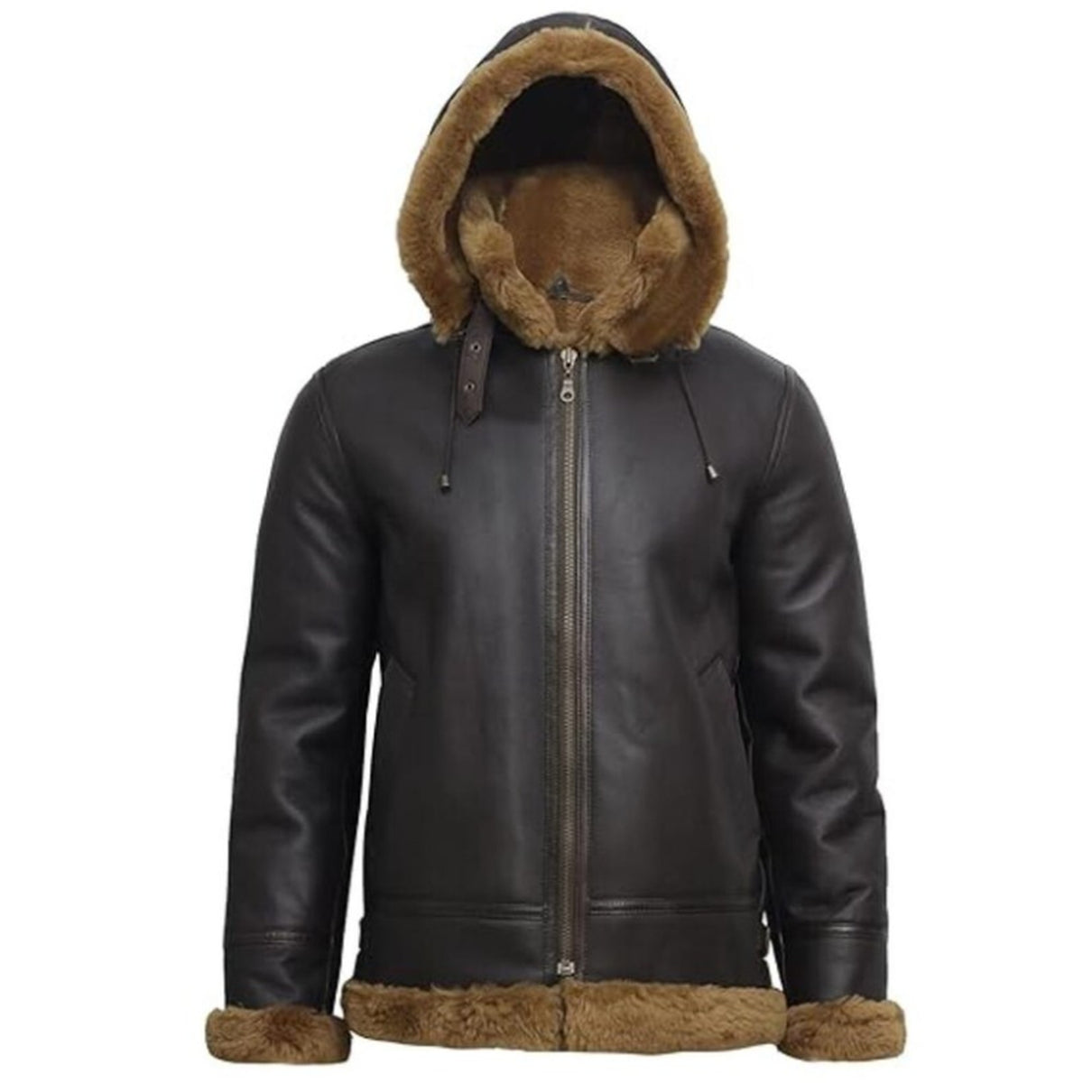 A dark brown leather aviator-style jacket with a brown faux-shearling hood lining and matching lining on the cuffs, shown against a plain white background.