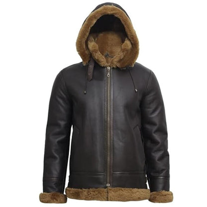 A dark brown leather aviator-style jacket with a brown faux-shearling hood lining and matching lining on the cuffs, shown against a plain white background.